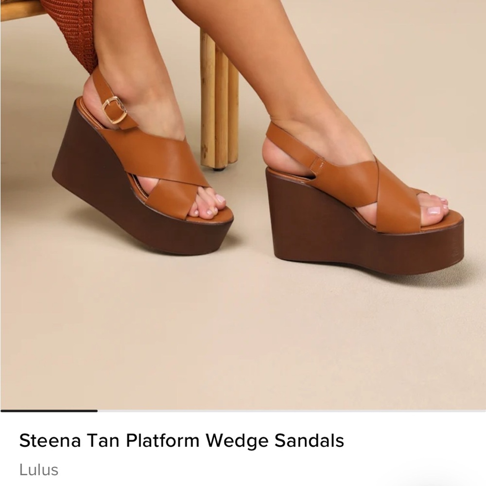 Lulu's Tan Wedge Sandals with Crossover Straps